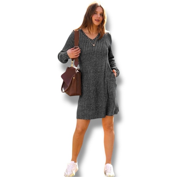 Sampeel Gray A-Line V-Neck Rib Knit Long Sleeve Sweater Dress with Pockets - Picture 2 of 16
